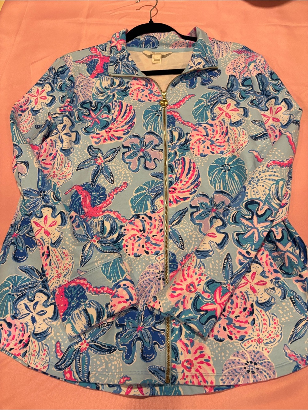 Lilly Pulitzer Leona UPF 50+ Zip Up Jacket Size L Blue Pink Coastal Seashell